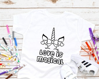 Children's Coloring T-Shirt - Love is Magical Youth Shirt - Markers Included - Kids Washable Coloring Tee