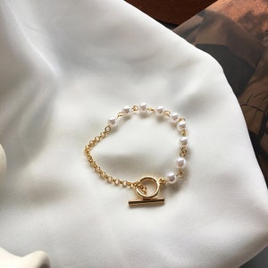 Half Baroque Pearl Half Gold Chain Bracelet,OT Clasp Bracelet, Toggle Clasp Bracelet, Pearl Bracelet