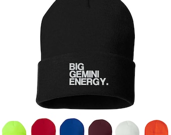 Big Gemini Energy Zodiac Sign Embroidered Unisex Beanie Cap, Skull Cap, Astrology