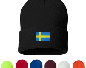 Sweden Flag Embroidered Unisex Beanie Cap, Skull Cap