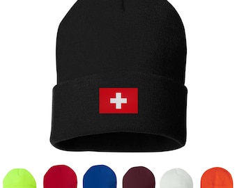 Switzerland Flag Embroidered Unisex Beanie Cap, Skull Cap