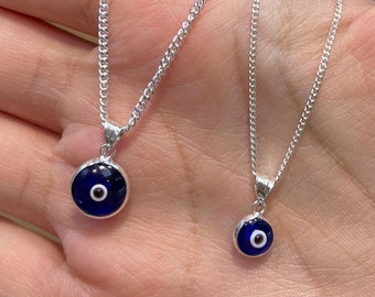 925 Sterling Silver Blue Dark Blue Evil Eye Pendant 8mm 10mm Curb Chain 16" 18" 20" Options | Gifts for her
