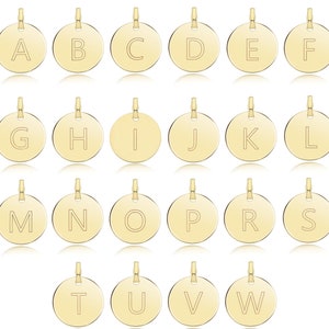 Pingente redondo com letra inicial lisa - Pingente de colar personalizado em ouro maciço de 9 quilates, pingente inicial, de A a Z, com carimbo 375