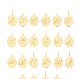 Pingente com letra inicial em itálico e oval - Pingente de ouro maciço de 9 quilates para colar, pingente inicial, de A a Z, com carimbo 375