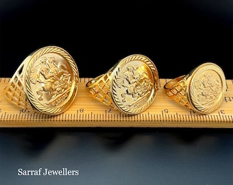 Gold Ring, Full Half 1/10 Sovereign Yellow Gold Ring 375 9ct Yellow Gold St George Coin Dragon Slayer | Coin Jewelry | Coin Rings, Mens Ring
