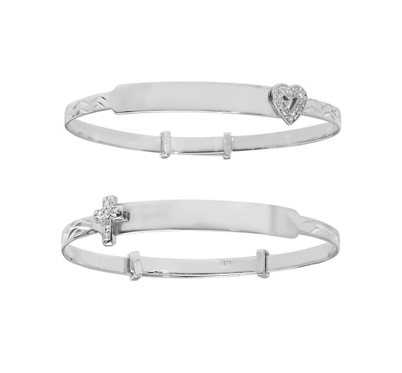 Personalized Christening Hearts Cross Baby Bangle | Engravable Sterling Silver Gift | ID Bangle