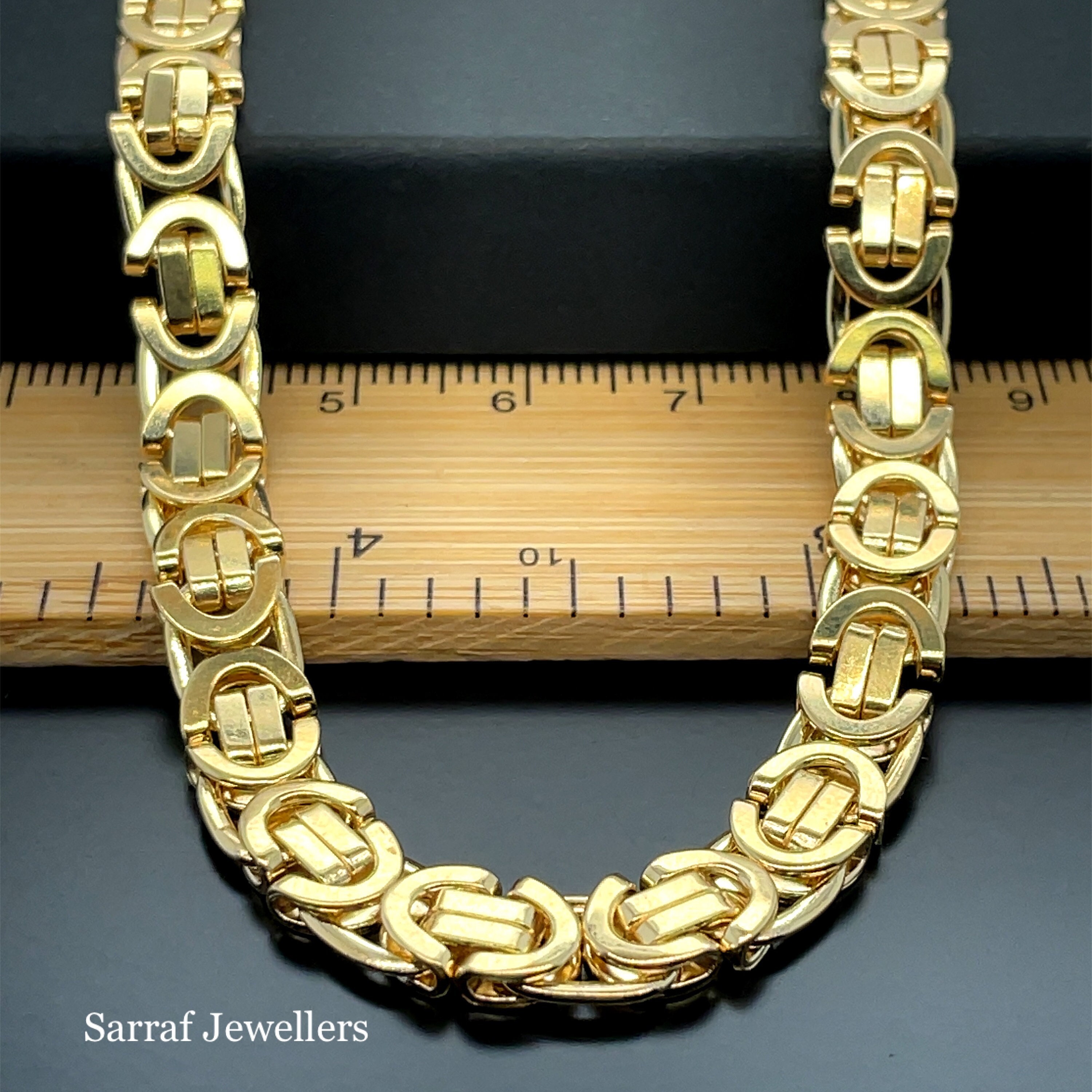 Gold Chain Byzantine Necklace, King Chain 9ct Yellow Gold 7mm Wide Solid Flat Chain Bracelet Men's Gold Chain 7" 8" 18" 20" 22" 24" Sizes