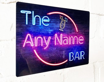 Personalised Bar Sign - Neon Effect Printed Metal Sign Wall Art Bar Add Name