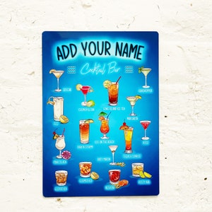 Enseigne de bar à cocktails personnalisée - Enseigne en métal imprimée effet néon, art mural A5 Bar Ajouter un nom