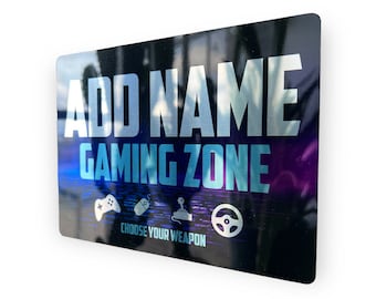 Personalised Metal Mirror Gamer Sign - Customised Printed Wall Art Plaque - Gaming Zone Bricks