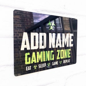 Personalised Metal Mirror Gamer Sign - Customised Printed Wall Art Plaque - Gaming Zone Caution
