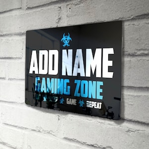 Personalised Metal Mirror Blue Gamer Sign - Customised Printed Wall Art Plaque - Gaming Zone Caution
