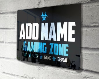 Personalised Metal Mirror Blue Gamer Sign - Customised Printed Wall Art Plaque - Gaming Zone Caution