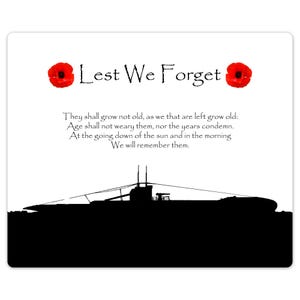 May include: A white square with the words "Lest We Forget" and a poem, with two red poppies. A black silhouette of a submarine is at the bottom of the image.