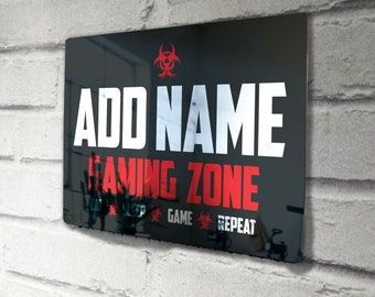 Personalised Metal Mirror Red Gamer Sign - Customised Printed Wall Art Plaque - Gaming Zone Caution