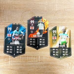 Cartello con statistiche personalizzate per la coppa di calcio con finitura a specchio - Scelta dello sfondo Cartello con scudo in metallo stampato A5 Aggiungi nome giocatore 12 x 20 cm