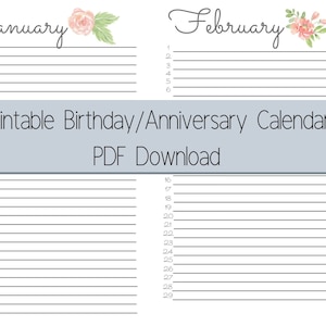 Printable Calendar, Perpetual Birthday Calendar, Annual Calendar, Digital Download, Instant Download