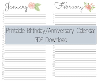 Printable Calendar, Perpetual Birthday Calendar, Annual Calendar, Digital Download, Instant Download