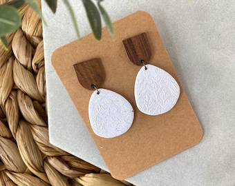 Lightweight Dangle Earrings - Speckled White Dangle Earrings - Geometric Earrings - Floral Earrings - Wood and Clay Earrings