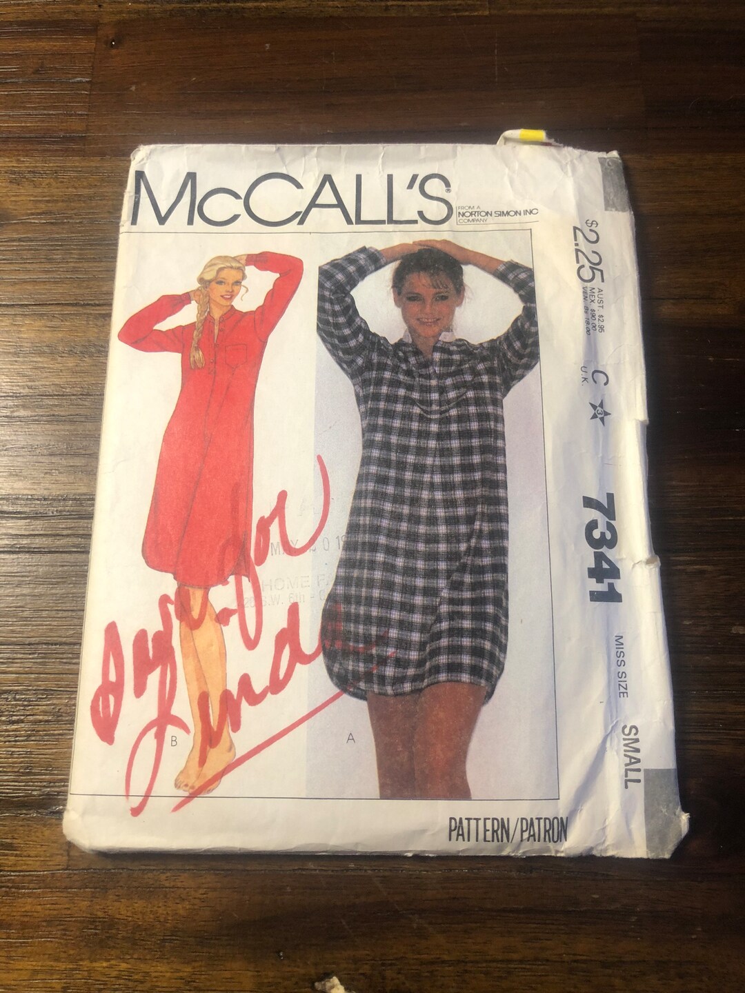 Vintage Precut Complete Mccalls Sewing Pattern 7341 Misses Nightshirt
