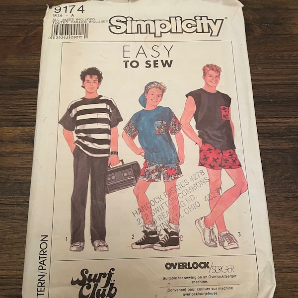 Uncut Simplicity Sewing Pattern 9174 Teen Boys Surf Club Clothing All Sizes (14-20) 1989