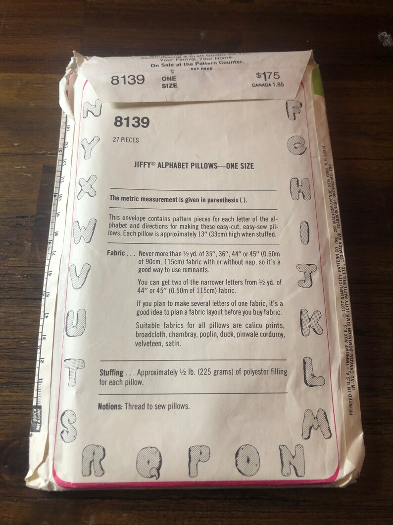 Vintage Uncut Simplicity Sewing Pattern 8139 Jiffy Alphabet Pillows