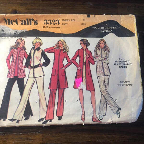 Vintage Precut Complete McCall’s Sewing Pattern 3323 Stretch Knit Wardrobe Size 8 1972