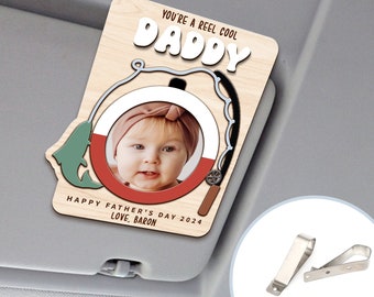 Personalized Photo Car Visor Clip, Fathers Day Magnet Frame Gift for Dad Grandpa, Fishing Dad Gift, Fishing Lover Men Car Accessory Decor