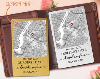 Personalized Our First Date Map Wallet Card for Boyfriend, Custom Map Metal Insert Card, Valentines Day Gifts for Him, Anniversary Gifts