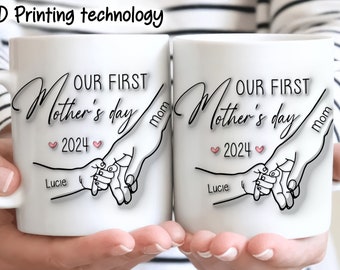 Our First Mothers Day Mug, Mothers Day 2024 Gift for New Mom, Personalized Holding Mom‘s Hand 3D Inflated Effect Mug, First Time Mom Gift