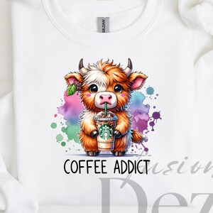 Cute Highland Cow Clipart, Shirt Sublimation Design, PNG Instant Digital Downlad ONLY, Jar Png, Tshirt Design, Coffee Addict PNG