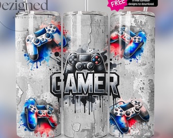 Seamless Gaming Tumbler png, Gamer 20 oz Skinny Tumbler Sublimation Designs PNG, Digital Download, Video Game Player Tumbler Wrap