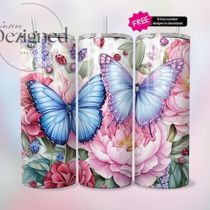 Pink Glitter Butterflies 20 oz Skinny Tumbler Sublimation, Diamond Butterfly Tumbler Designs, Watercolor Skinny Straight Digital Download