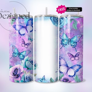 Peut inclure: Ensemble de trois gobelets en acier inoxydable avec un fond aquarelle violet et bleu représentant des papillons et des roses. Les gobelets sont vierges, prêts à être personnalisés.