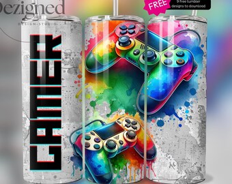 Video Gaming Tumbler, Gamer 20 oz Skinny Tumbler Sublimation Designs PNG, Digital Download, Video Game Player Tumbler Wrap