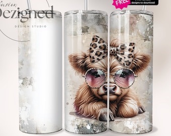 Seamless Cute Highland Cow 20 oz Tumbler Wrap png, Add Your Own Text Name Personalized Sublimation Design Instant Digital Download Cow Print