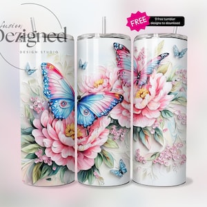 Pink Glitter Butterflies 20 oz Skinny Tumbler Sublimation, Diamond Butterfly Tumbler Designs, Watercolor Skinny Straight Digital Download