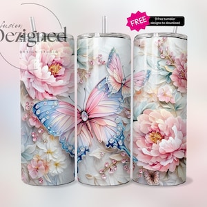 Pink Glitter Butterflies 20 oz Skinny Tumbler Sublimation, Diamond Butterfly Tumbler Designs, Watercolor Skinny Straight Digital Download