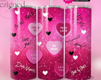 Vaso delgado de 20 oz para San Valentín, PNG, diseños de sublimación, descarga digital. Vaso rosa con corazones brillantes, descarga digital.