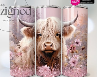 Floral Highland Cow Tumbler Sublimation Design (Digital Download)