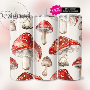 Mushroom Tumbler Wrap | Watercolor Red Mushrooms Tumbler PNG | 20oz Tumbler Wrap | Seamless Cottagecore Tumbler Wrap PNG | Digital