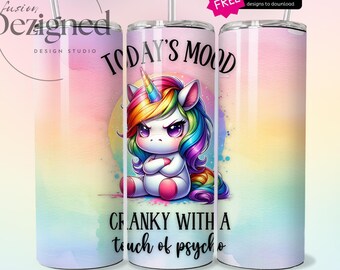 Envoltura para vaso de unicornio gruñón PNG, diseño de sublimación delgado de 20 oz, vaso de unicornio divertido, sarcástico y atrevido, descarga digital instantánea
