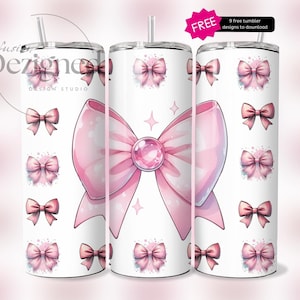 Envoltura para vaso estético femenino de 20 oz, diseño de lazo moderno PNG, diseño de cinta coqueta rosa preppy, vaso recto, archivo digital de lazos