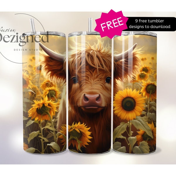 Sunflowers Highland Cow Wrap, 20oz Tumbler Wrap PNG Sublimation Design 20oz Skinny Tumbler Instant Digital Download, Cow Print Tumbler png
