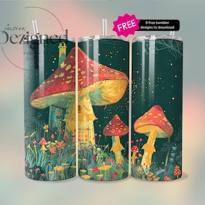 Cute Mushroom Tumbler Wrap, Green & Red Mushrooms Tumbler PNG | 20oz Tumbler Wrap | Cottagecore Tumbler Wrap PNG | Digital Download