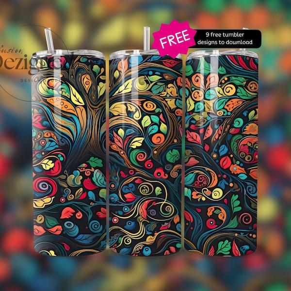 Seamless, Tree of Life PNG, 20oz Sublimation Tumbler Designs, Galaxy 9.3 x 8.2” Straight Skinny Tumbler Wrap PNG, Bright Multicoloured