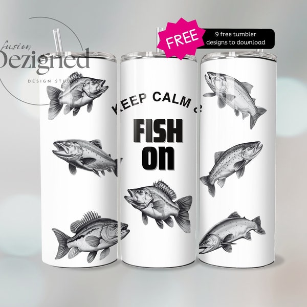 Fishing Tumbler Wrap 20oz Skinny Sublimation Designs, Seamless PNG File Digital Download, tumbler png, Keep Calm & Fish On