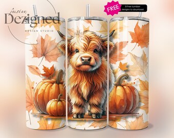 Emballage de gobelet automne citrouilles, motif sublimation maigre 20 oz, gobelet citrouille Png, emballage de gobelet vache Highland sans couture, téléchargement numérique