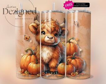 Emballage de gobelet automne citrouilles, motif sublimation maigre 20 oz, gobelet citrouille Png, emballage de gobelet vache Highland sans couture, téléchargement numérique