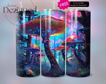 Mushroom 20oz Skinny Tumbler Sublimation Design, Instant Digital Download PNG, Digital Design Only, Neon Look Mushroom Tumbler Wrap